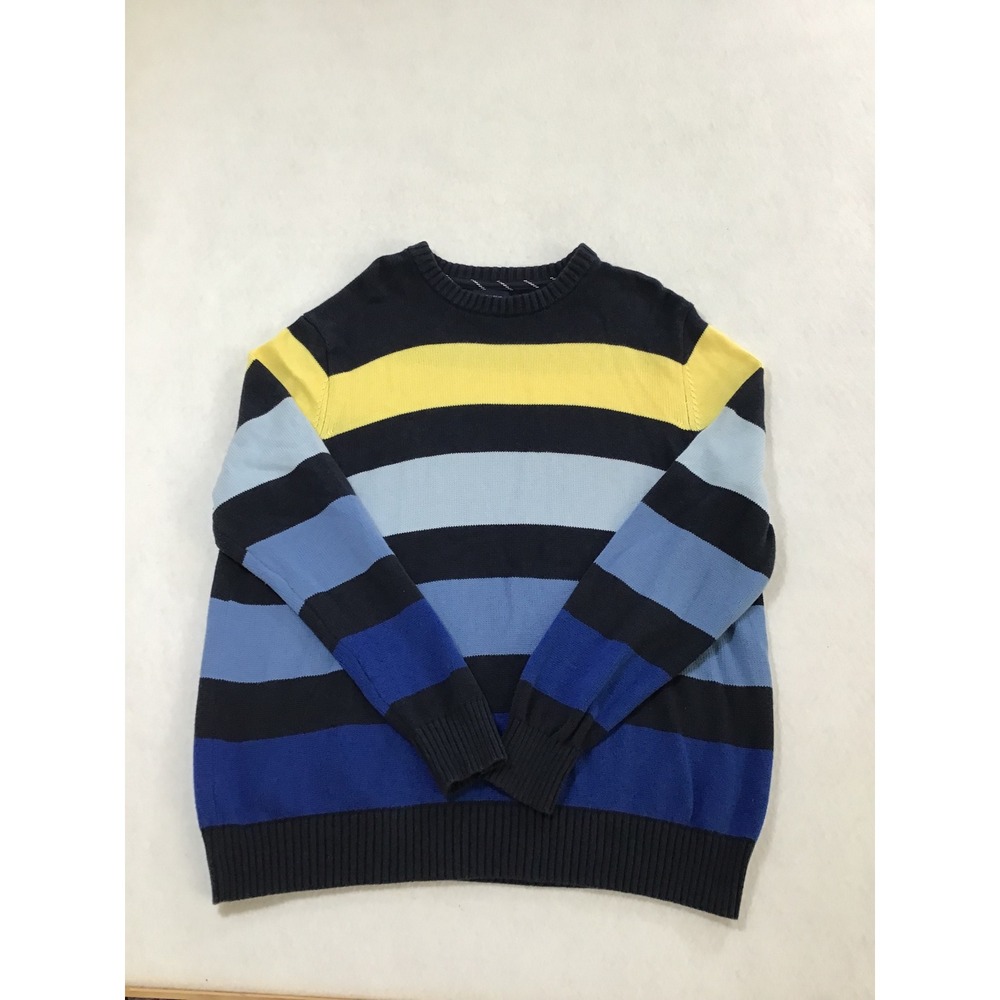 Lands End Drifter Mens XXL Blue Yellow Striped 100% Cotton Crewneck Sweater